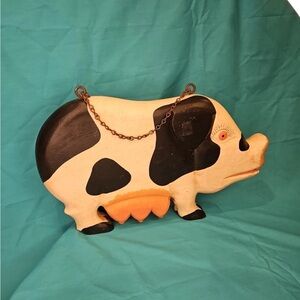 Primitive Folk Art Spotted Pig Sign Wall Hanger Carving Double Sided Farm 16"x9"